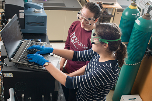 two students doing science