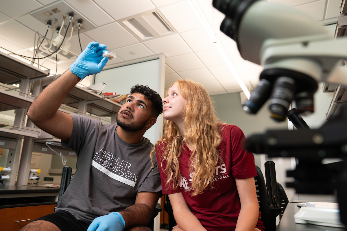 Ernesto Lopez and Alyssa Detweiler hold up and look at a small dish in the lab